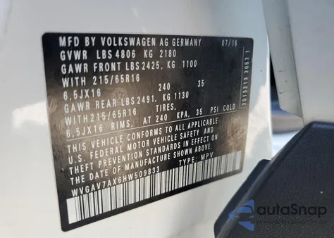 2017 Volkswagen Tiguan S из США, поврежденный, VIN WVGAV7AX6HW509833